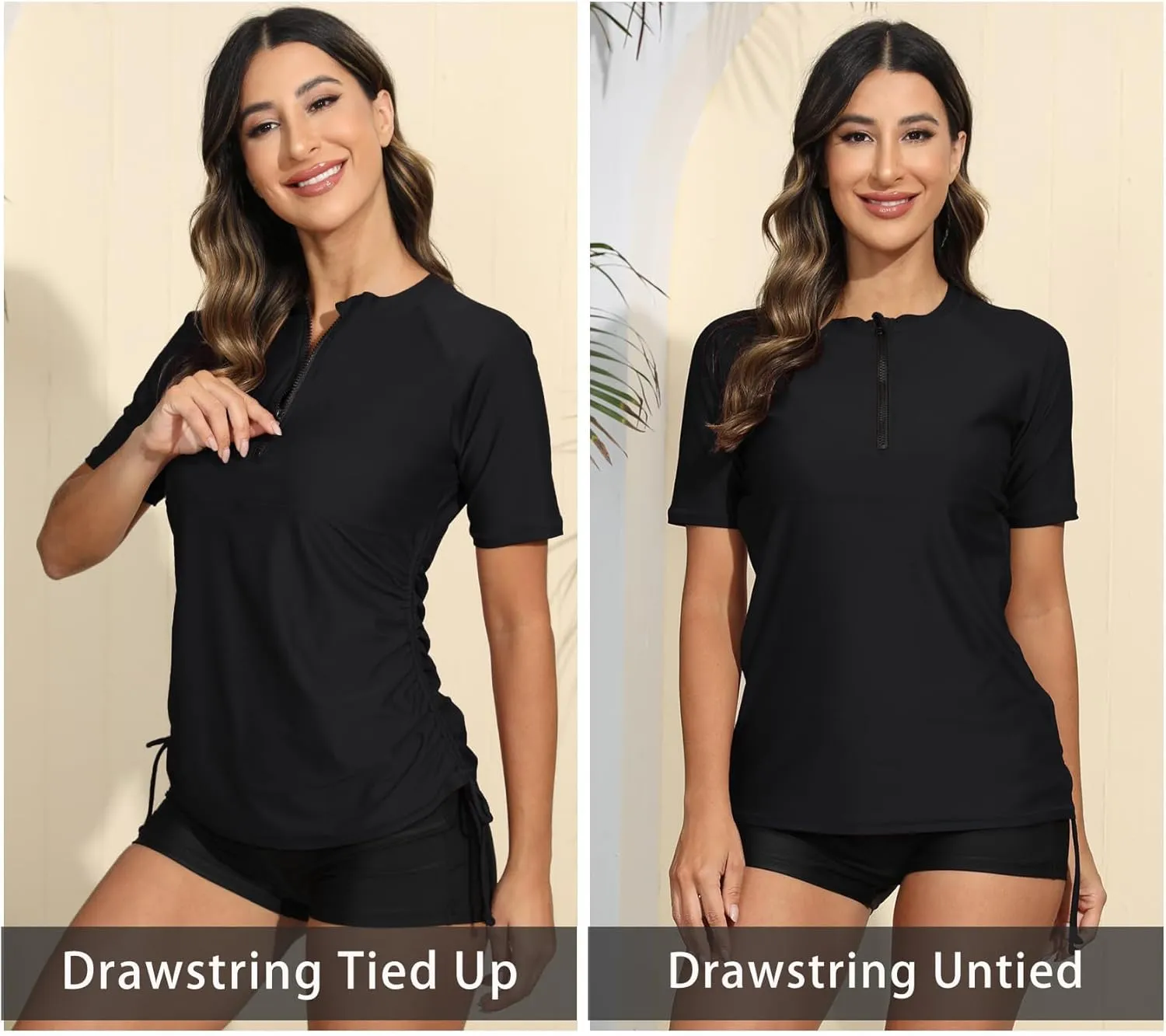 Halcurt Women's Half Zip Short Sleeve Rash Guard Swimsuit Top Ruched Swim Shirt UPF50  Quick Dry Bathing Suit