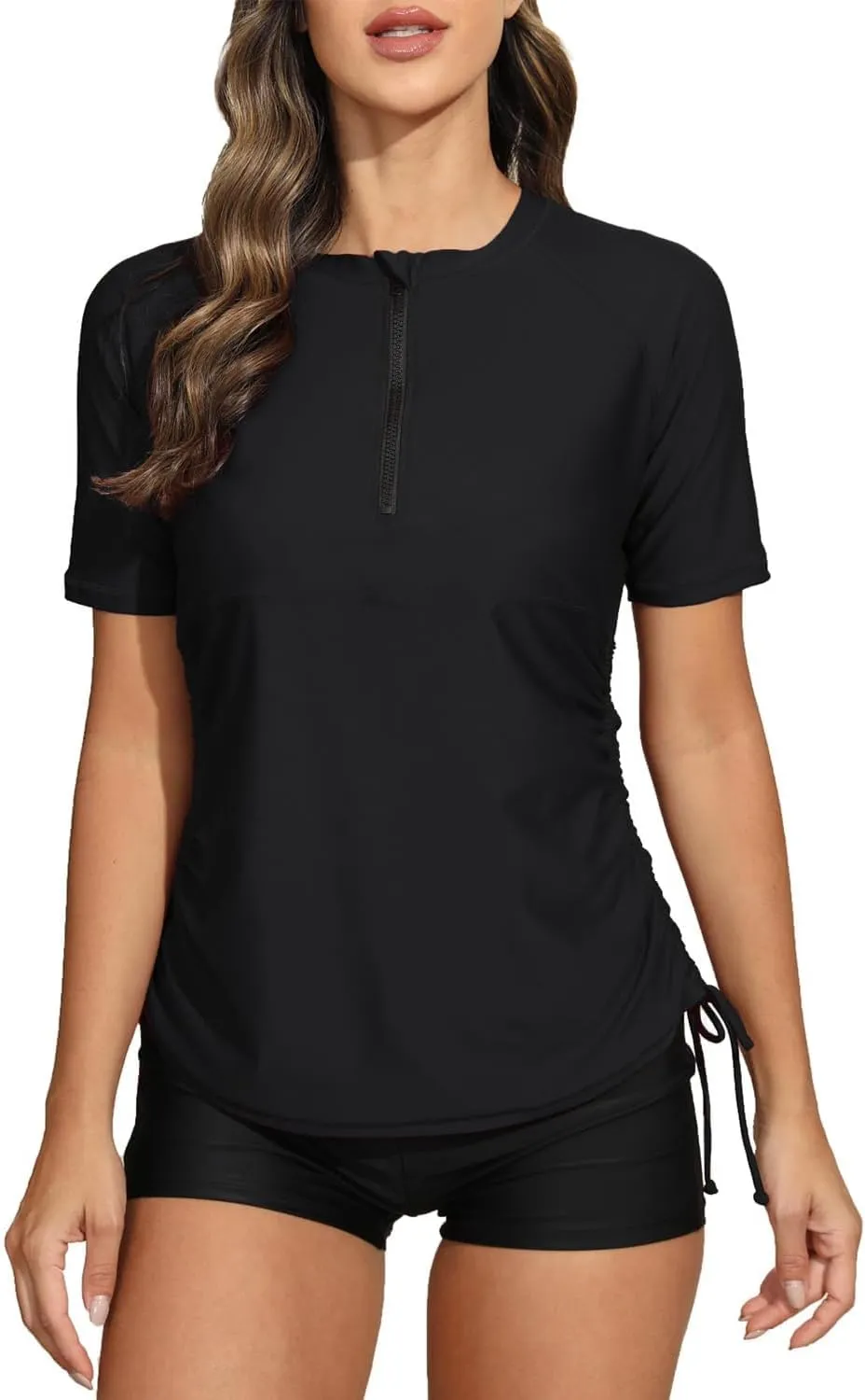 Halcurt Women's Half Zip Short Sleeve Rash Guard Swimsuit Top Ruched Swim Shirt UPF50  Quick Dry Bathing Suit