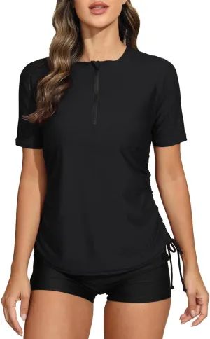 Halcurt Women's Half Zip Short Sleeve Rash Guard Swimsuit Top Ruched Swim Shirt UPF50  Quick Dry Bathing Suit