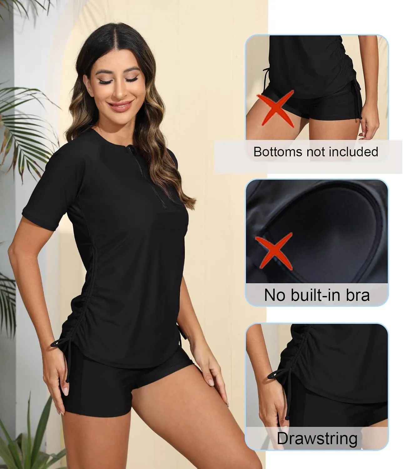 Halcurt Women's Half Zip Short Sleeve Rash Guard Swimsuit Top Ruched Swim Shirt UPF50  Quick Dry Bathing Suit