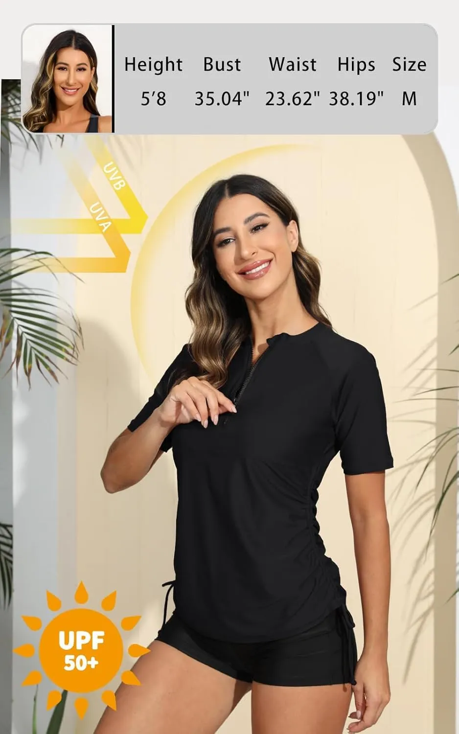 Halcurt Women's Half Zip Short Sleeve Rash Guard Swimsuit Top Ruched Swim Shirt UPF50  Quick Dry Bathing Suit
