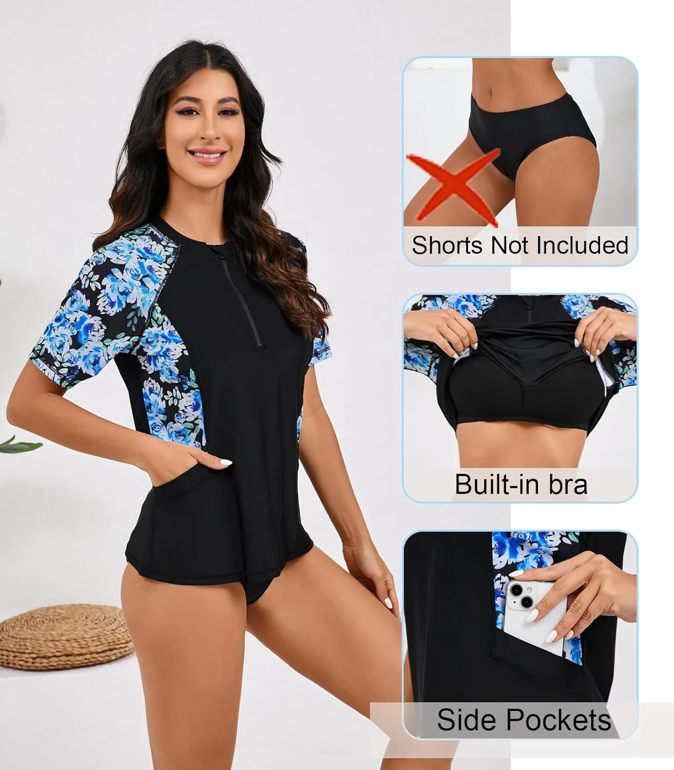 Halcurt Women's Half Zip Short Sleeve Rash Guard Top with Bra Side Pockets Swim Shirts UPF50  Swimsuit