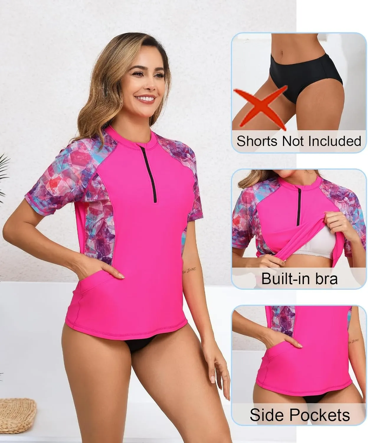 Halcurt Women's Half Zip Short Sleeve Rash Guard Top with Bra Side Pockets Swim Shirts UPF50  Swimsuit