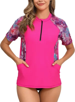 Halcurt Women's Half Zip Short Sleeve Rash Guard Top with Bra Side Pockets Swim Shirts UPF50  Swimsuit
