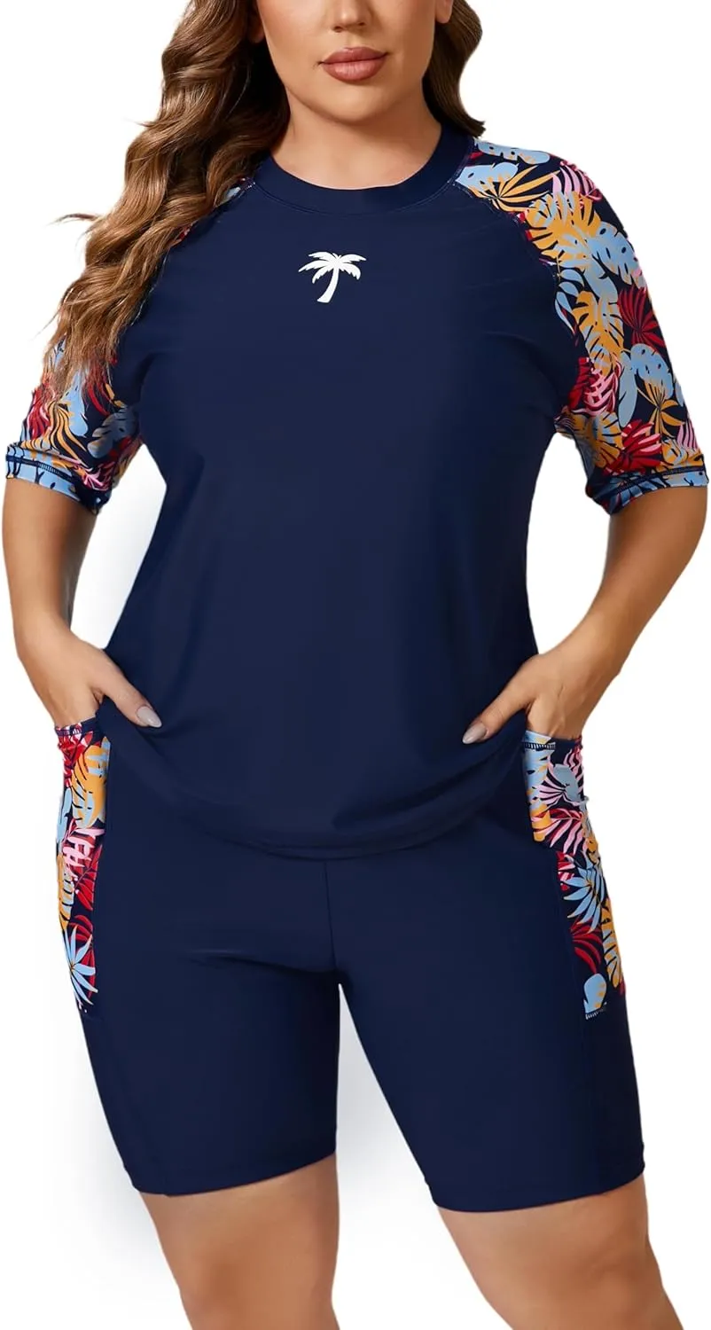Halcurt Women's Plus Built in Bra Rash Guard Two Piece Swim Shirt and Pockets Boyleg Shorts