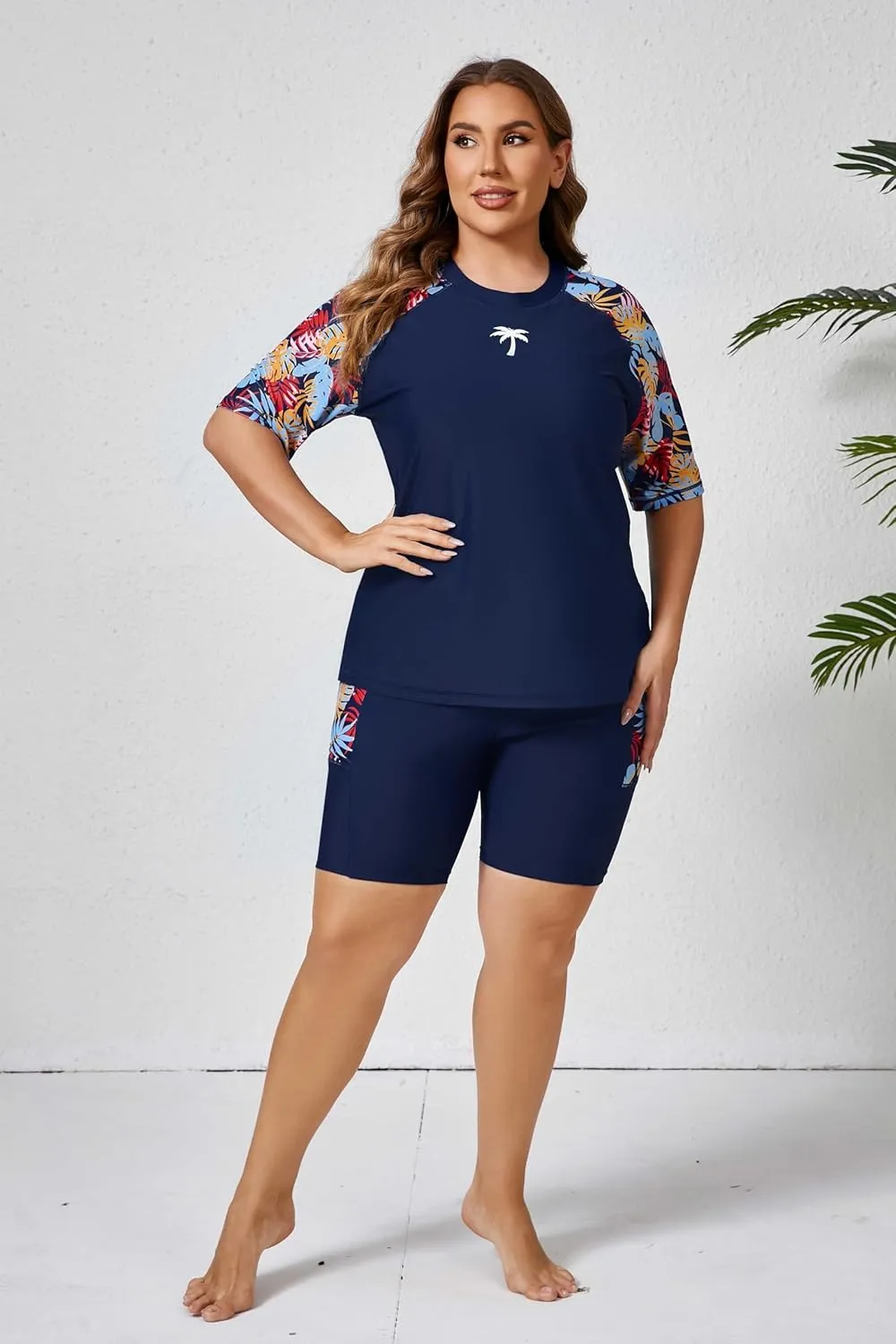 Halcurt Women's Plus Built in Bra Rash Guard Two Piece Swim Shirt and Pockets Boyleg Shorts