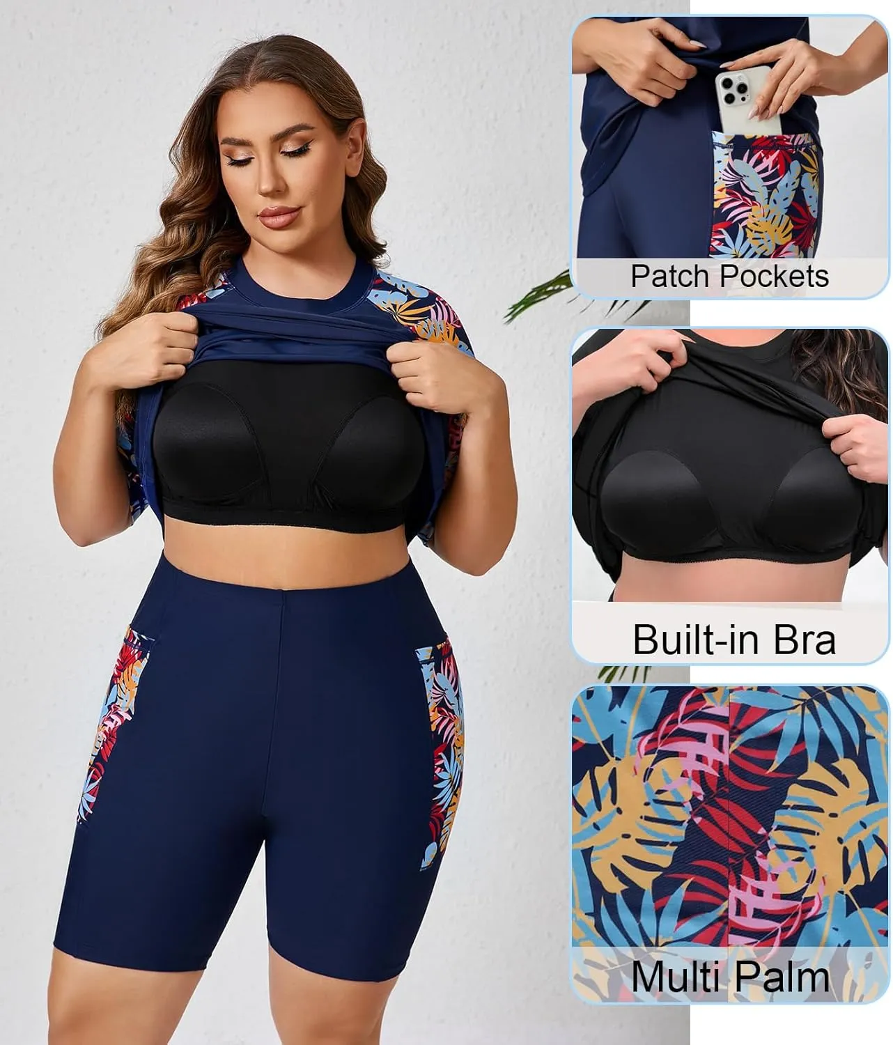Halcurt Women's Plus Built in Bra Rash Guard Two Piece Swim Shirt and Pockets Boyleg Shorts