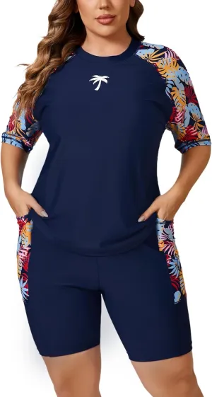 Halcurt Women's Plus Built in Bra Rash Guard Two Piece Swim Shirt and Pockets Boyleg Shorts