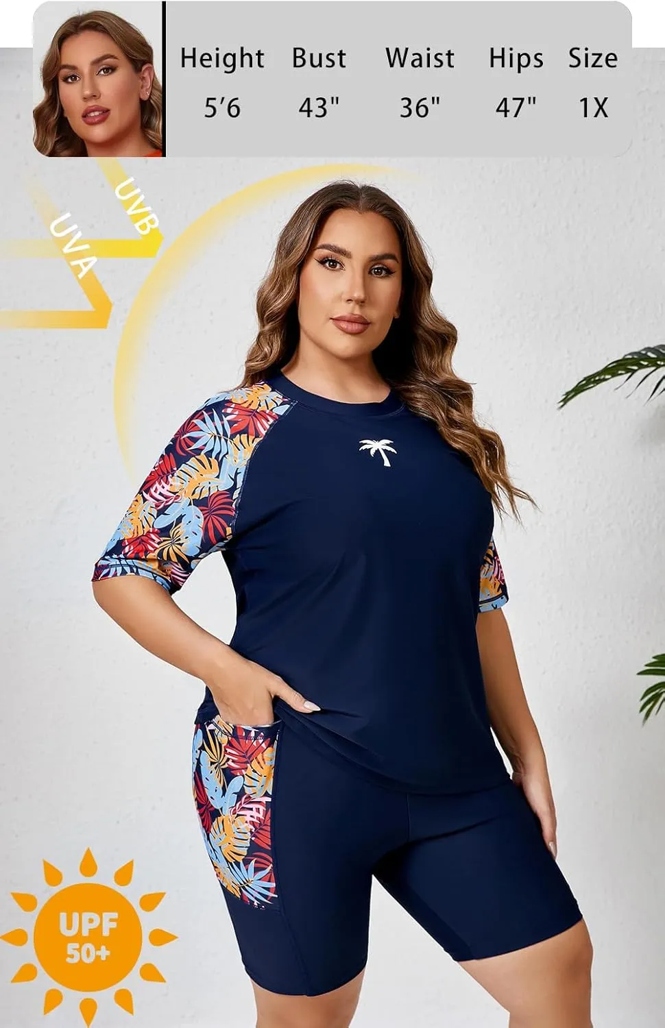 Halcurt Women's Plus Built in Bra Rash Guard Two Piece Swim Shirt and Pockets Boyleg Shorts