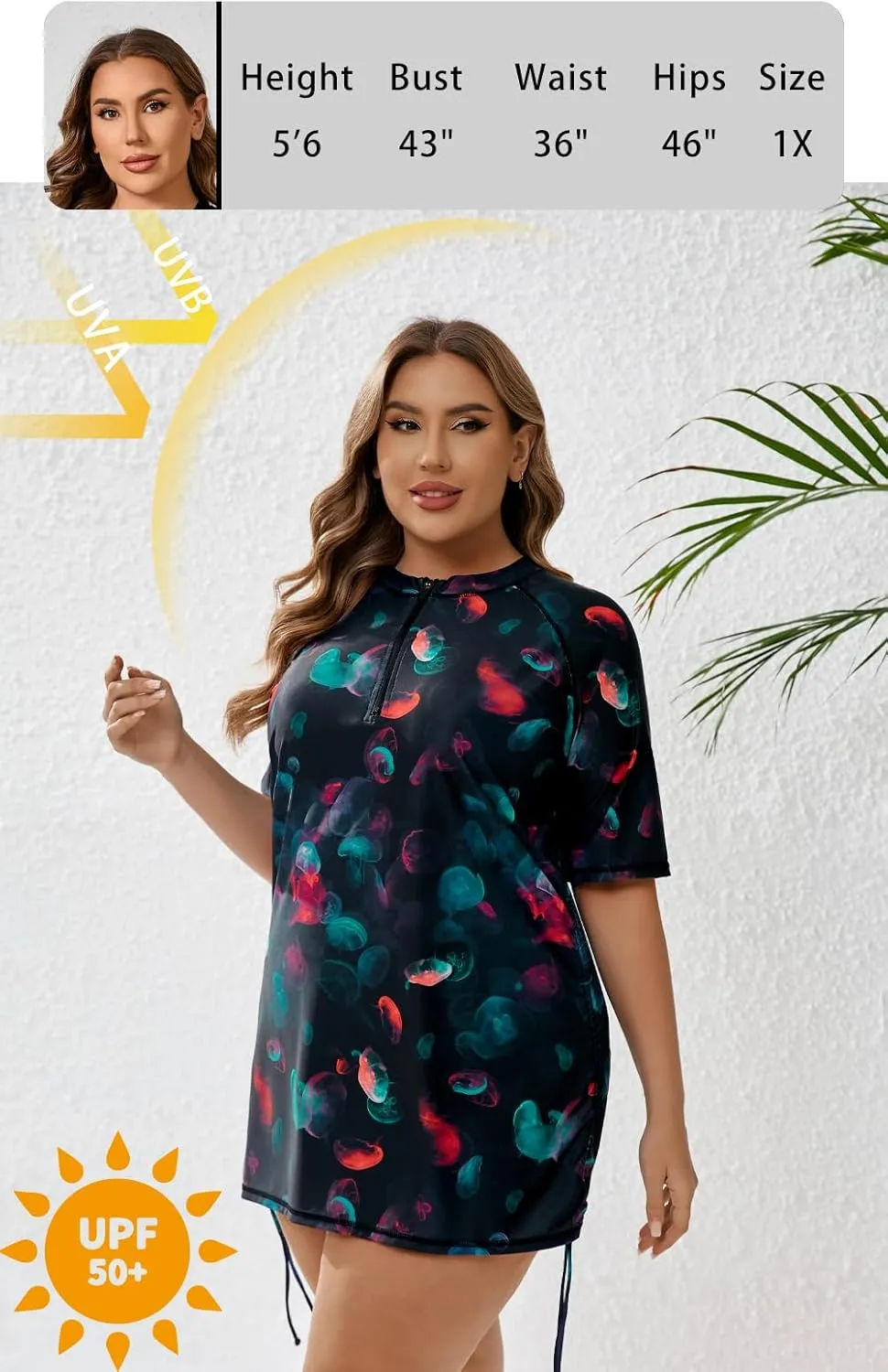 Halcurt Women's Plus Size Half Zip Short Sleeve Rash Guard Swim Top Drawstring Swim Shirt UPF50  Swimsuit