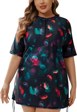 Halcurt Women's Plus Size Half Zip Short Sleeve Rash Guard Swim Top Drawstring Swim Shirt UPF50  Swimsuit