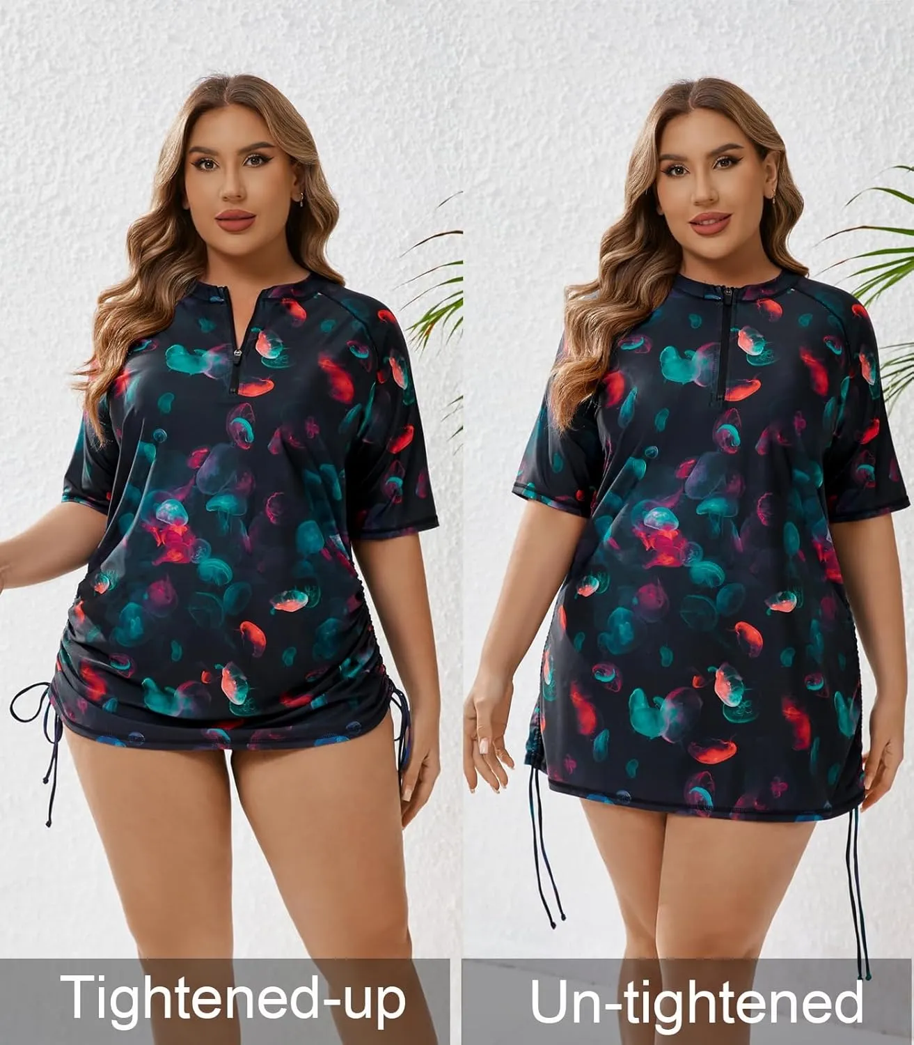 Halcurt Women's Plus Size Half Zip Short Sleeve Rash Guard Swim Top Drawstring Swim Shirt UPF50  Swimsuit