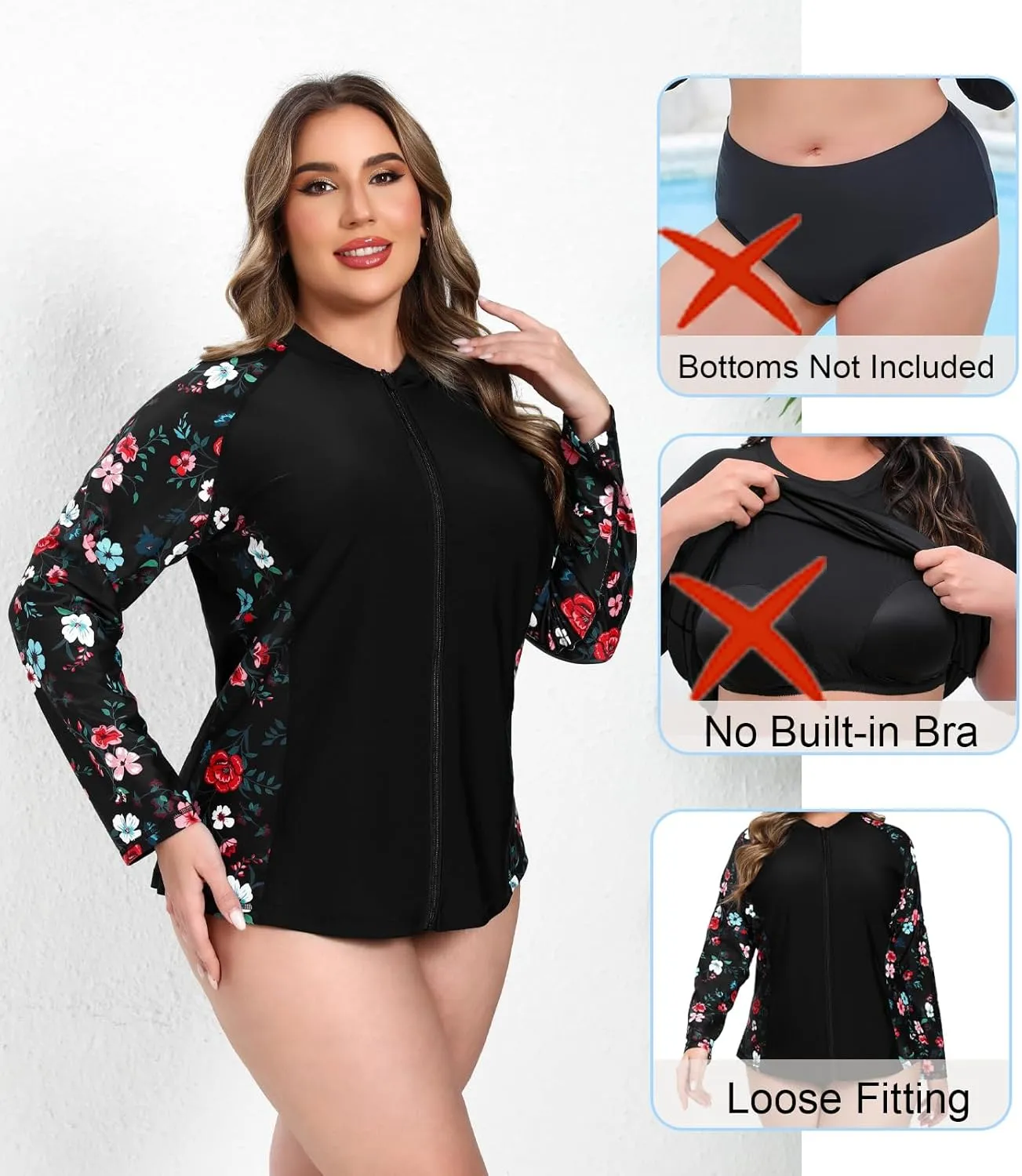 Halcurt Women's Plus Size Long Sleeve Rash Guard Shirts Full Zip Swim Top UPF50  Loose Fit Quick Dry Swimsuit