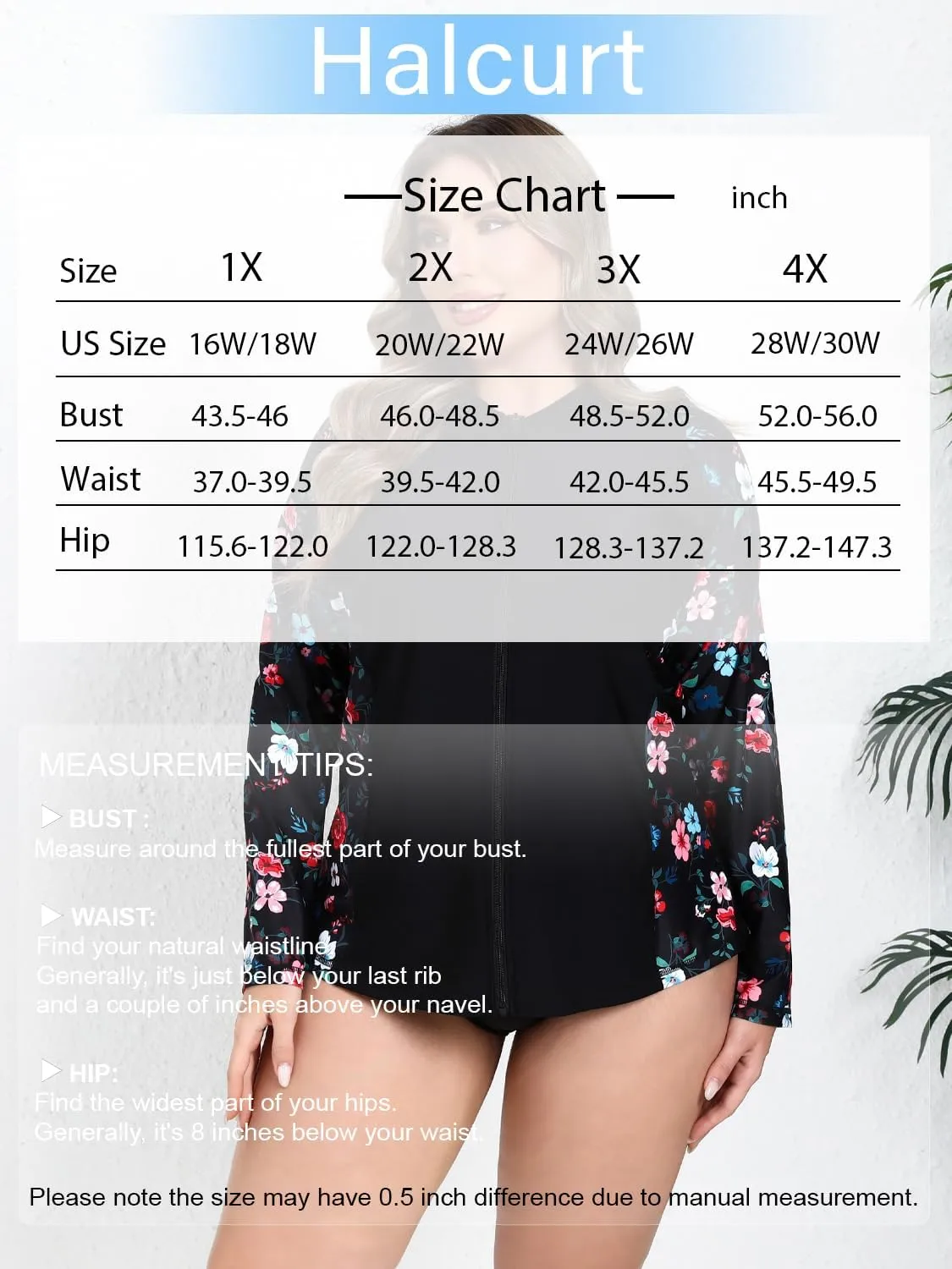 Halcurt Women's Plus Size Long Sleeve Rash Guard Shirts Full Zip Swim Top UPF50  Loose Fit Quick Dry Swimsuit