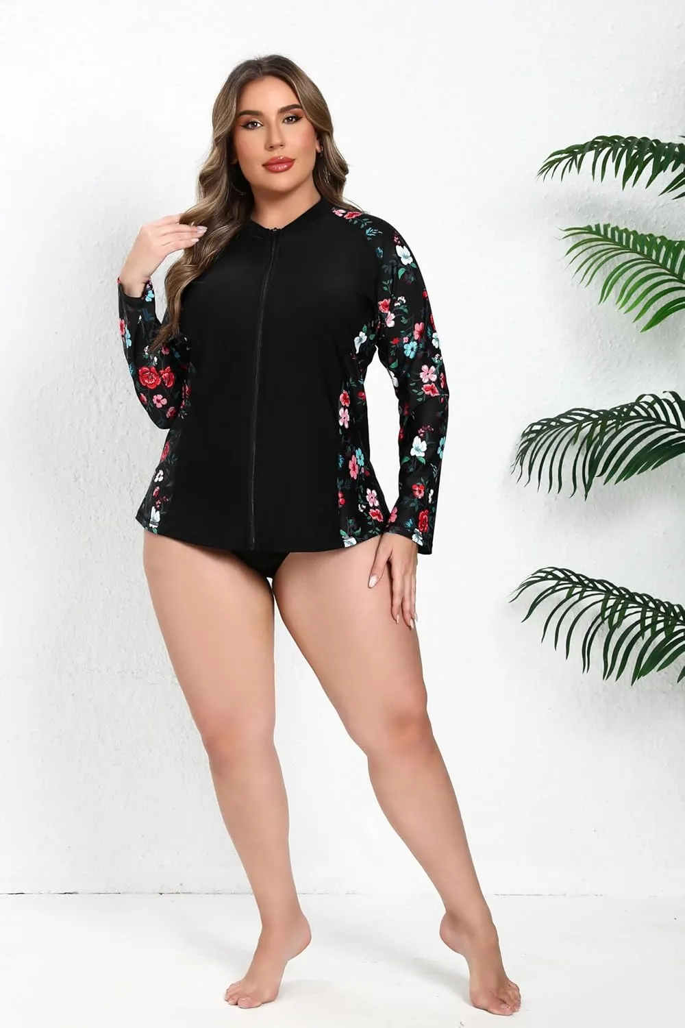 Halcurt Women's Plus Size Long Sleeve Rash Guard Shirts Full Zip Swim Top UPF50  Loose Fit Quick Dry Swimsuit