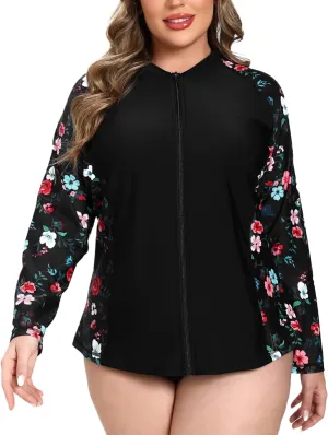 Halcurt Women's Plus Size Long Sleeve Rash Guard Shirts Full Zip Swim Top UPF50  Loose Fit Quick Dry Swimsuit