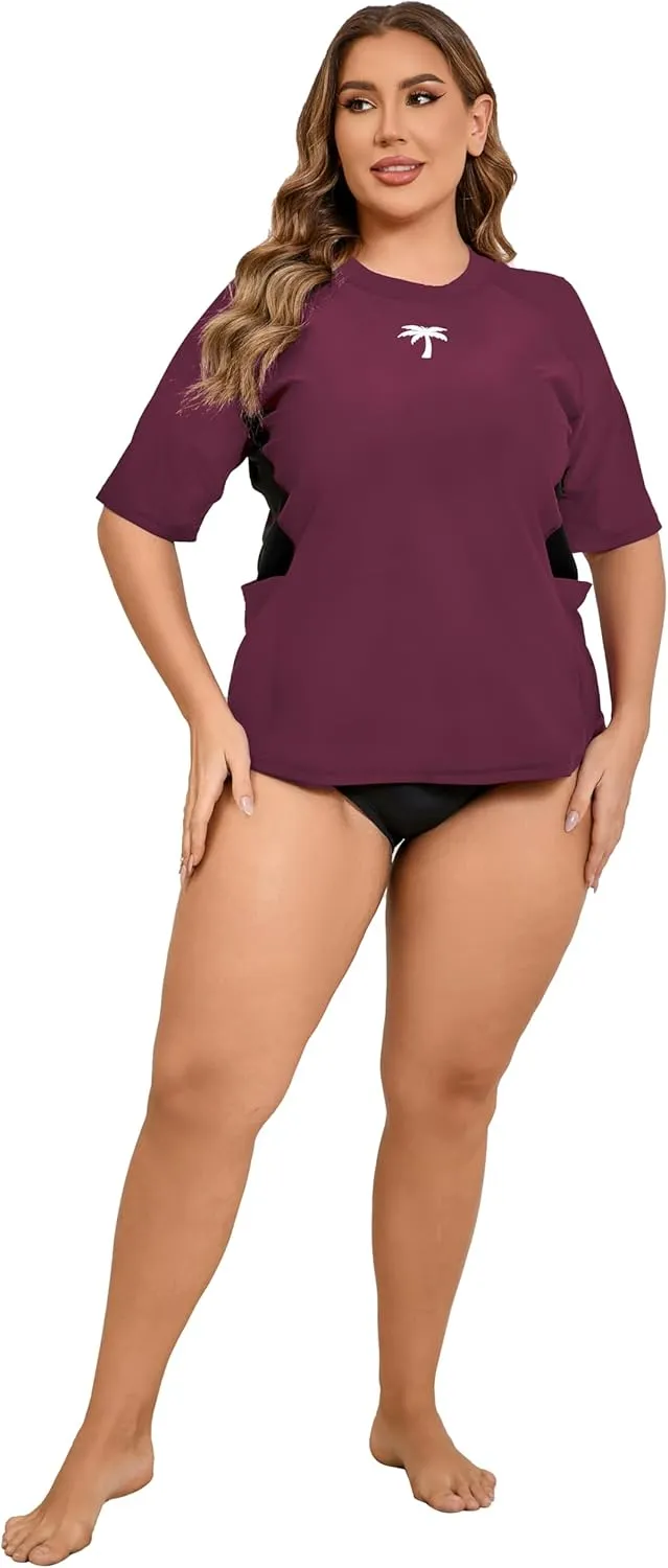 Halcurt Women's Plus Size Short Sleeve Rash Guard Top with Built in Bra Side Pockets UPF50  Swim Shirts