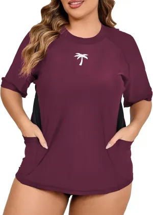 Halcurt Women's Plus Size Short Sleeve Rash Guard Top with Built in Bra Side Pockets UPF50  Swim Shirts