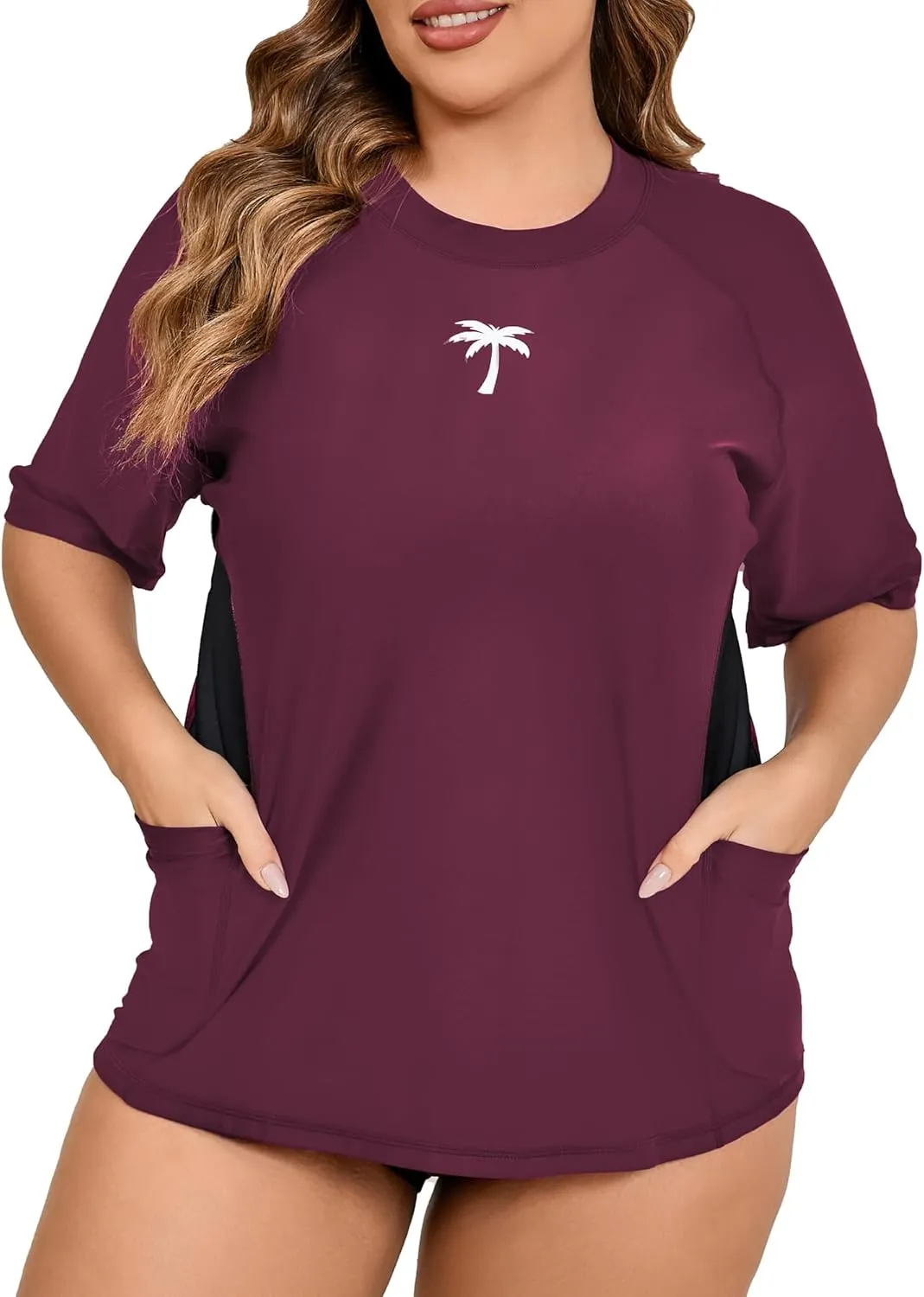 Halcurt Women's Plus Size Short Sleeve Rash Guard Top with Built in Bra Side Pockets UPF50  Swim Shirts