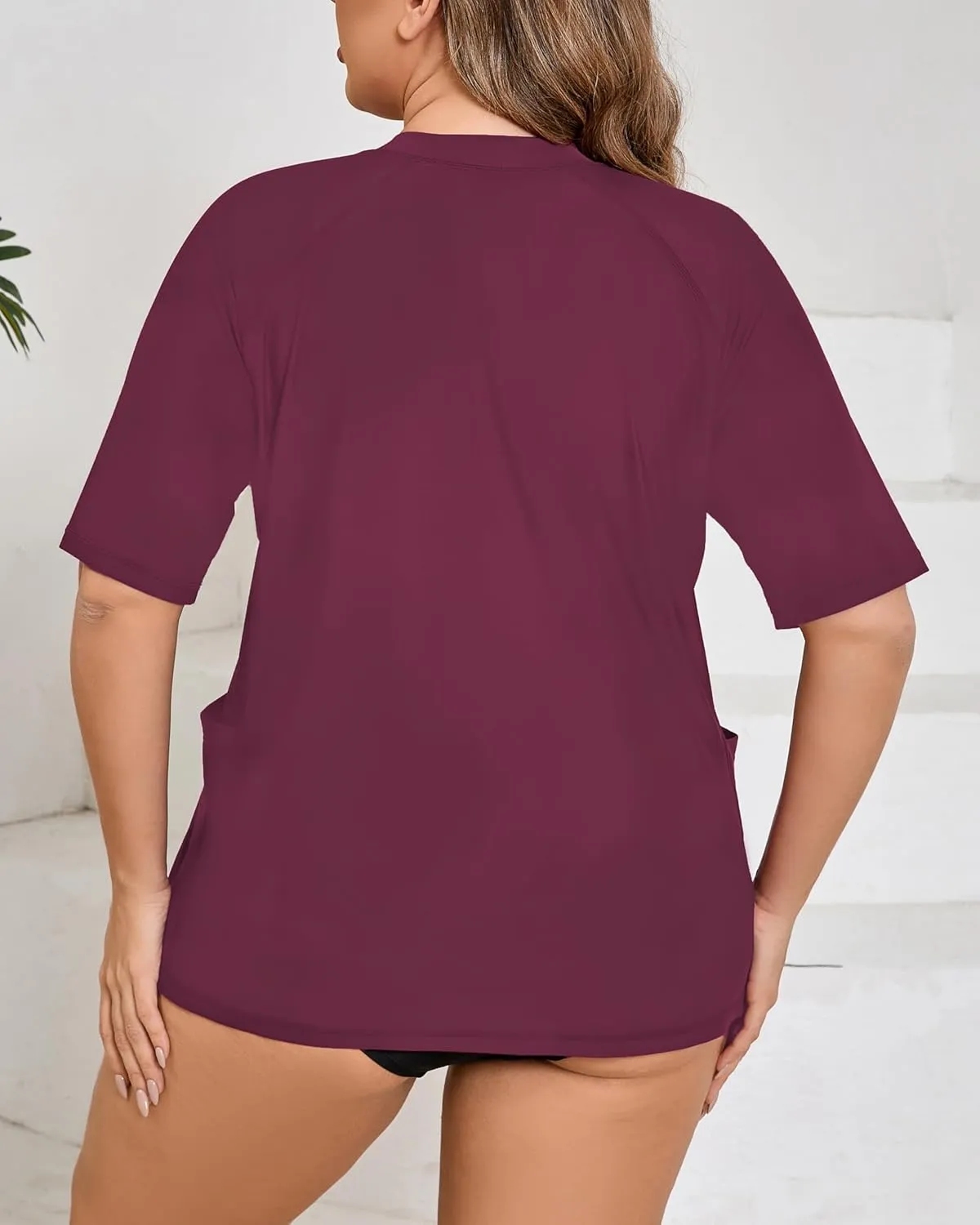 Halcurt Women's Plus Size Short Sleeve Rash Guard Top with Built in Bra Side Pockets UPF50  Swim Shirts