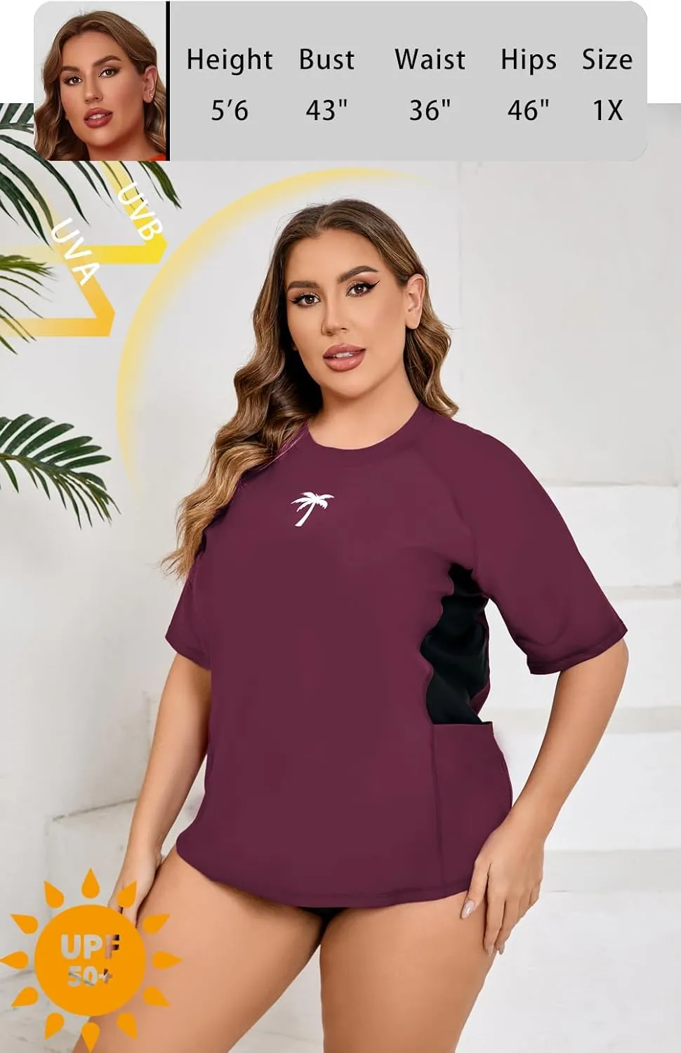 Halcurt Women's Plus Size Short Sleeve Rash Guard Top with Built in Bra Side Pockets UPF50  Swim Shirts