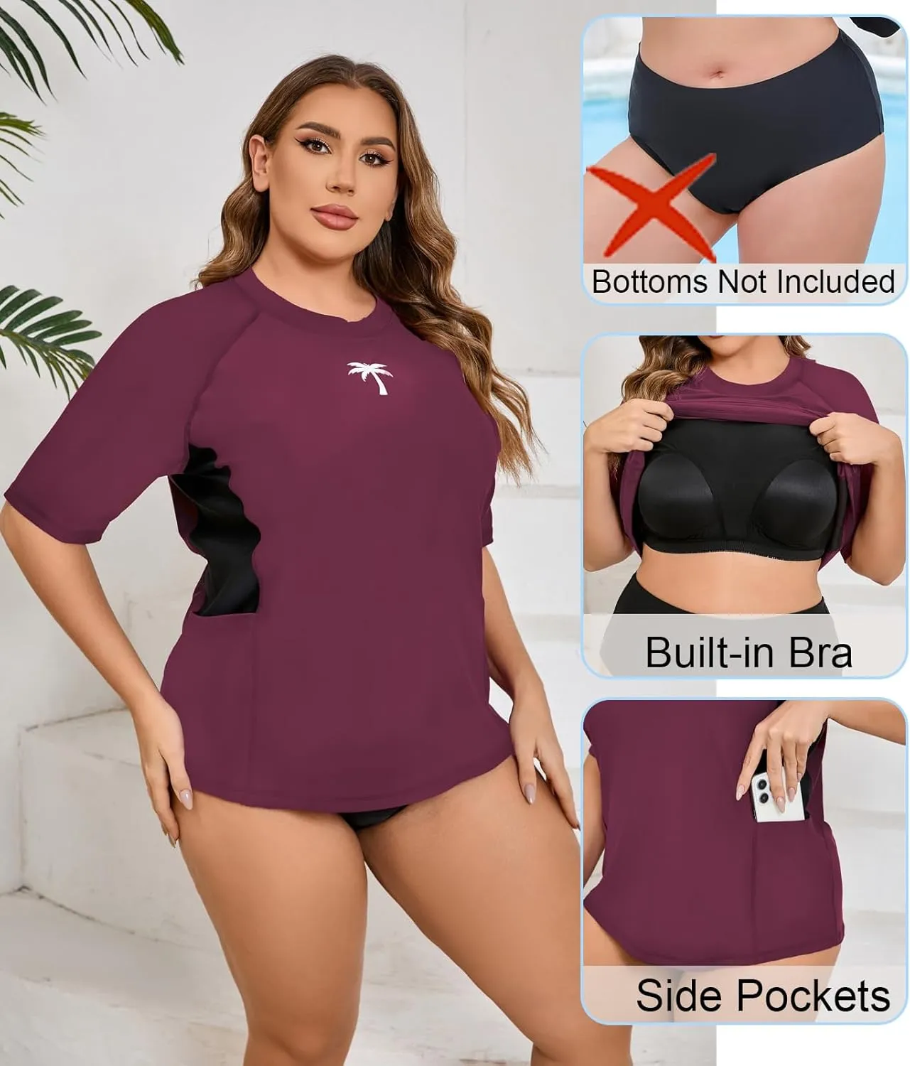 Halcurt Women's Plus Size Short Sleeve Rash Guard Top with Built in Bra Side Pockets UPF50  Swim Shirts