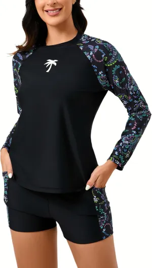 Halcurt Women's Two Piece Rash Guard Swimsuit Long Sleeve UPF 50 Swim Shirt with Board Shorts