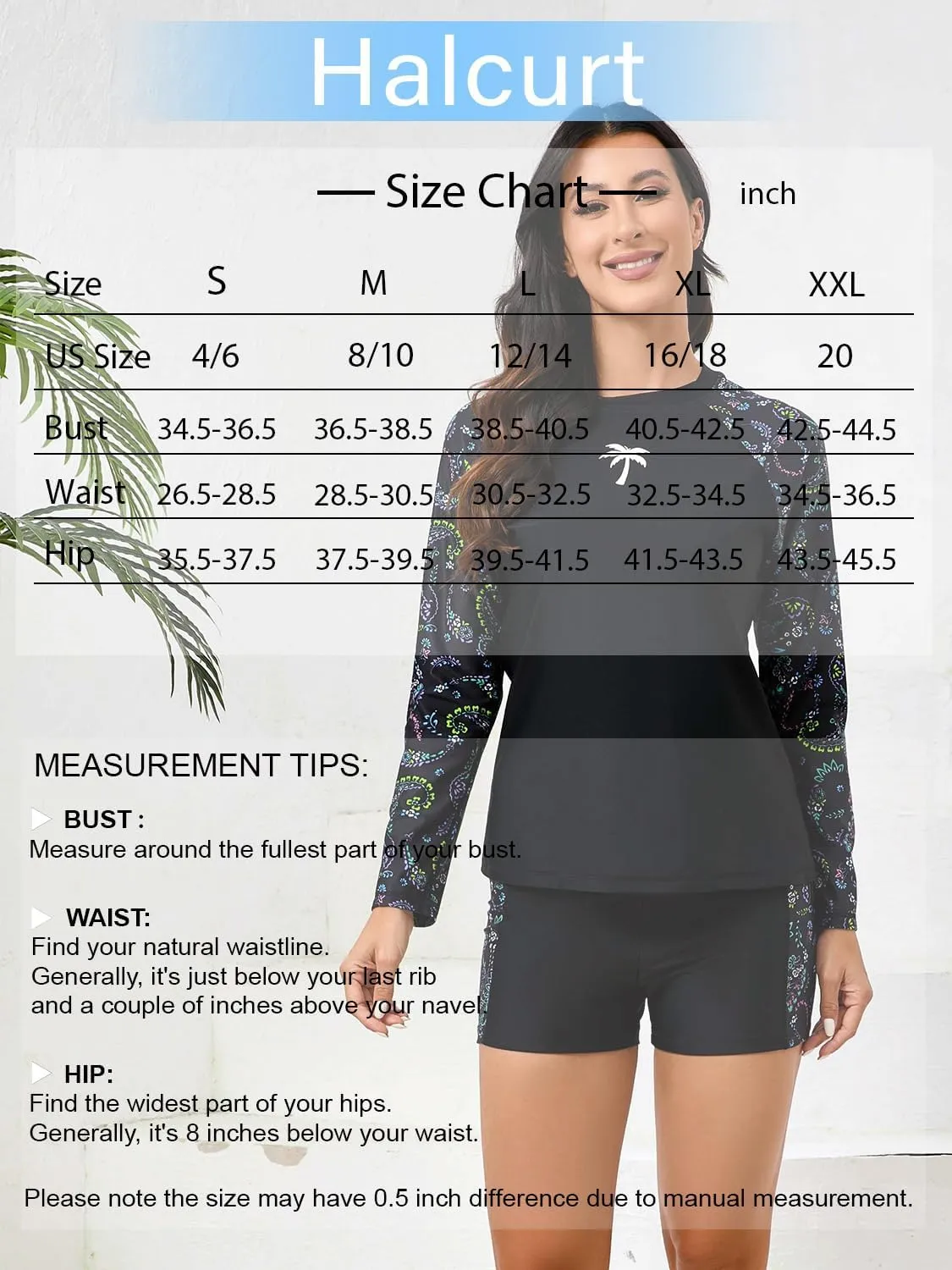 Halcurt Women's Two Piece Rash Guard Swimsuit Long Sleeve UPF 50 Swim Shirt with Board Shorts