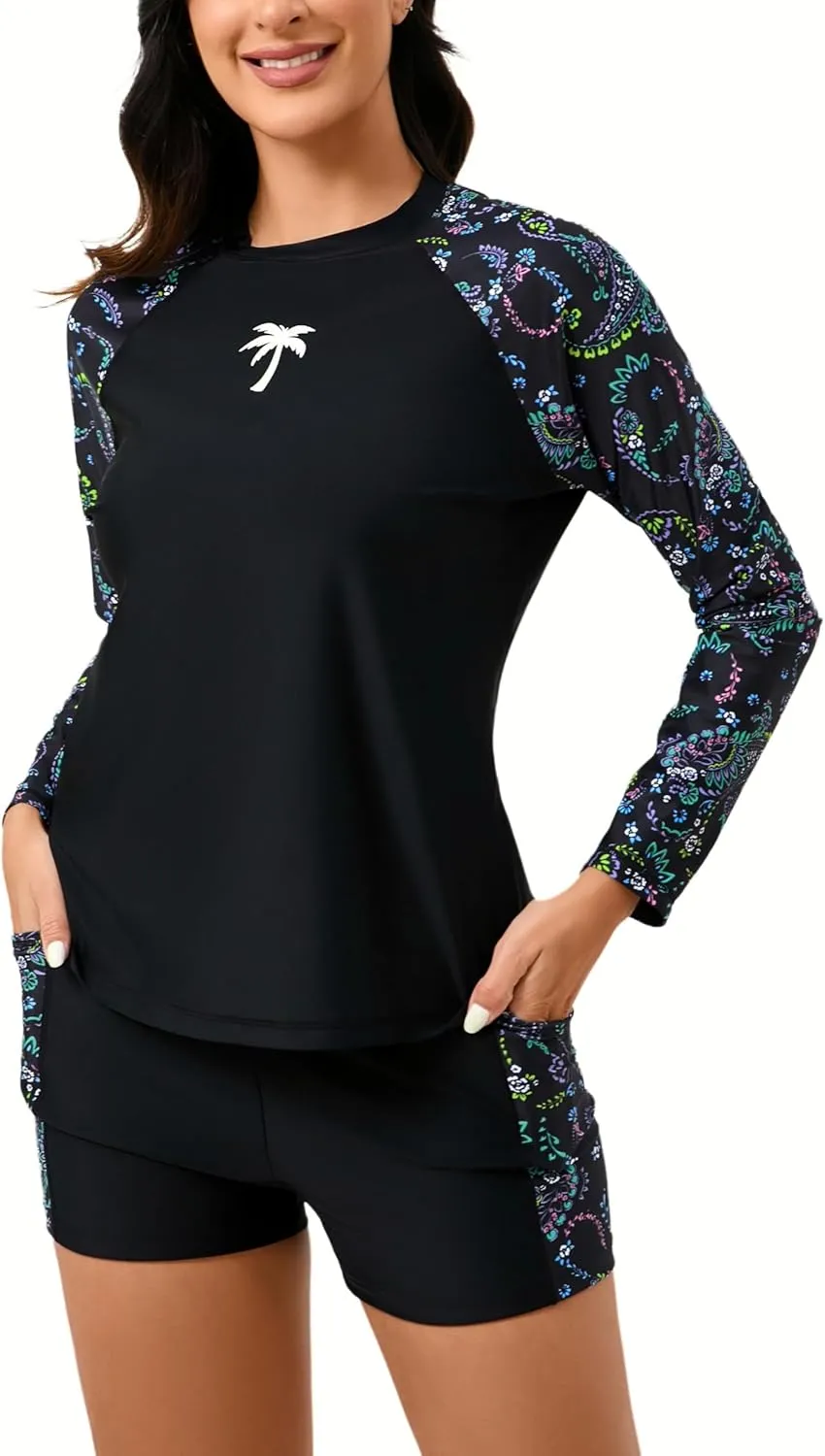 Halcurt Women's Two Piece Rash Guard Swimsuit Long Sleeve UPF 50 Swim Shirt with Board Shorts