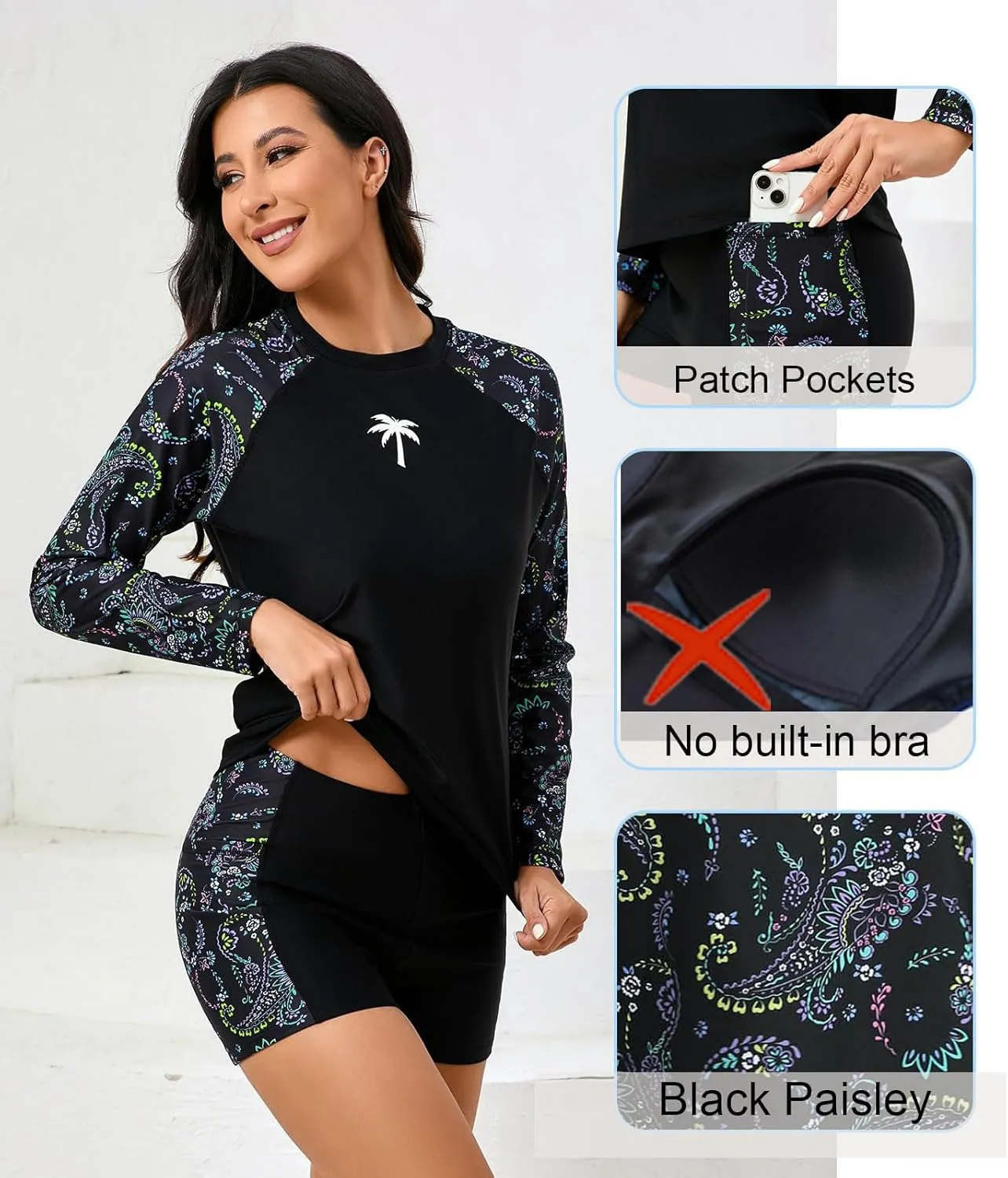 Halcurt Women's Two Piece Rash Guard Swimsuit Long Sleeve UPF 50 Swim Shirt with Board Shorts