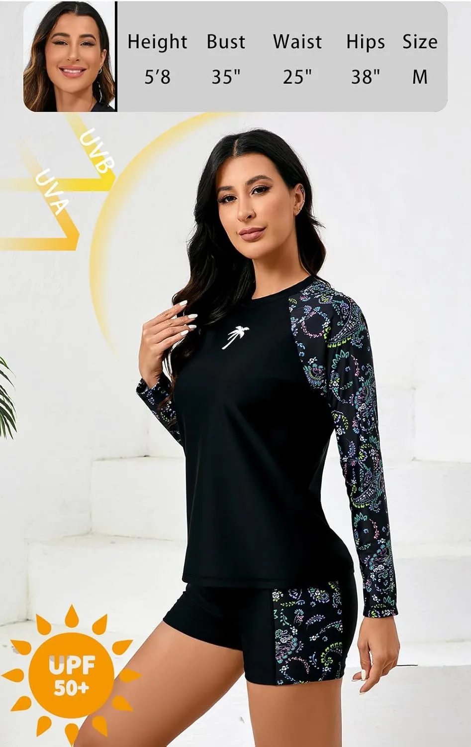 Halcurt Women's Two Piece Rash Guard Swimsuit Long Sleeve UPF 50 Swim Shirt with Board Shorts