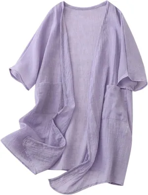 HGps8w Womens Mid-Long Kimono Cardigan Loose Summer Short Sleeve Sun Shirts Lightweight Casual Beach Cover Ups with Pockets