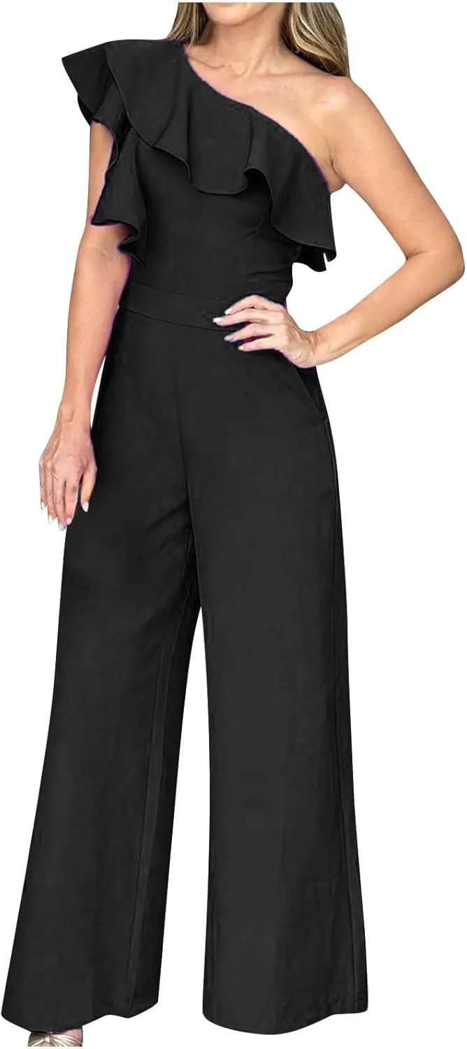 HGps8w Women's One Shoulder Dressy Jumpsuits Elegant Ruffle Sleeveless Casual Solid One Piece Wide Leg Pants Rompers