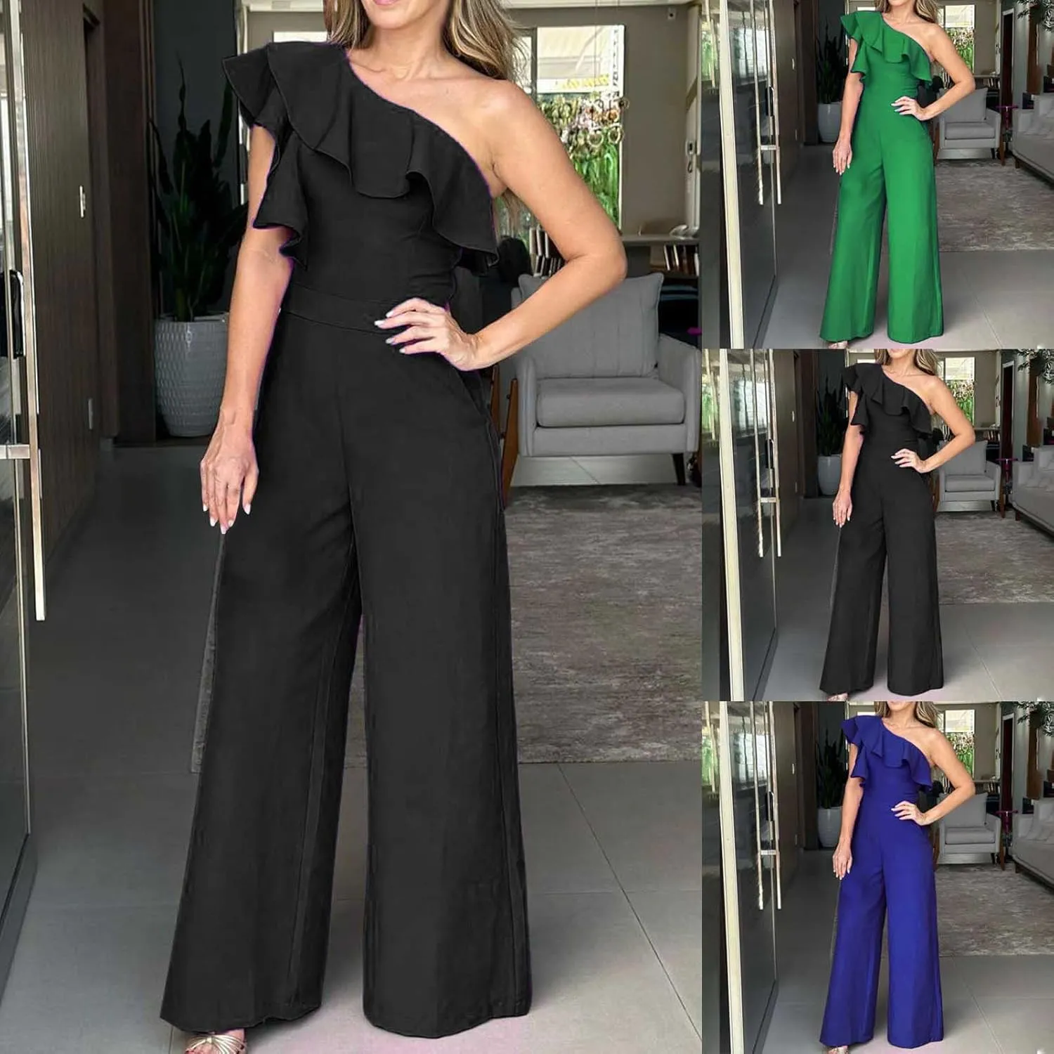 HGps8w Women's One Shoulder Dressy Jumpsuits Elegant Ruffle Sleeveless Casual Solid One Piece Wide Leg Pants Rompers