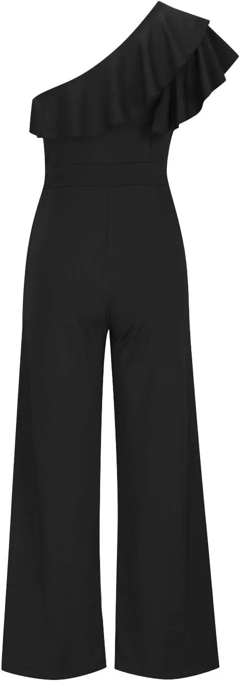 HGps8w Women's One Shoulder Dressy Jumpsuits Elegant Ruffle Sleeveless Casual Solid One Piece Wide Leg Pants Rompers