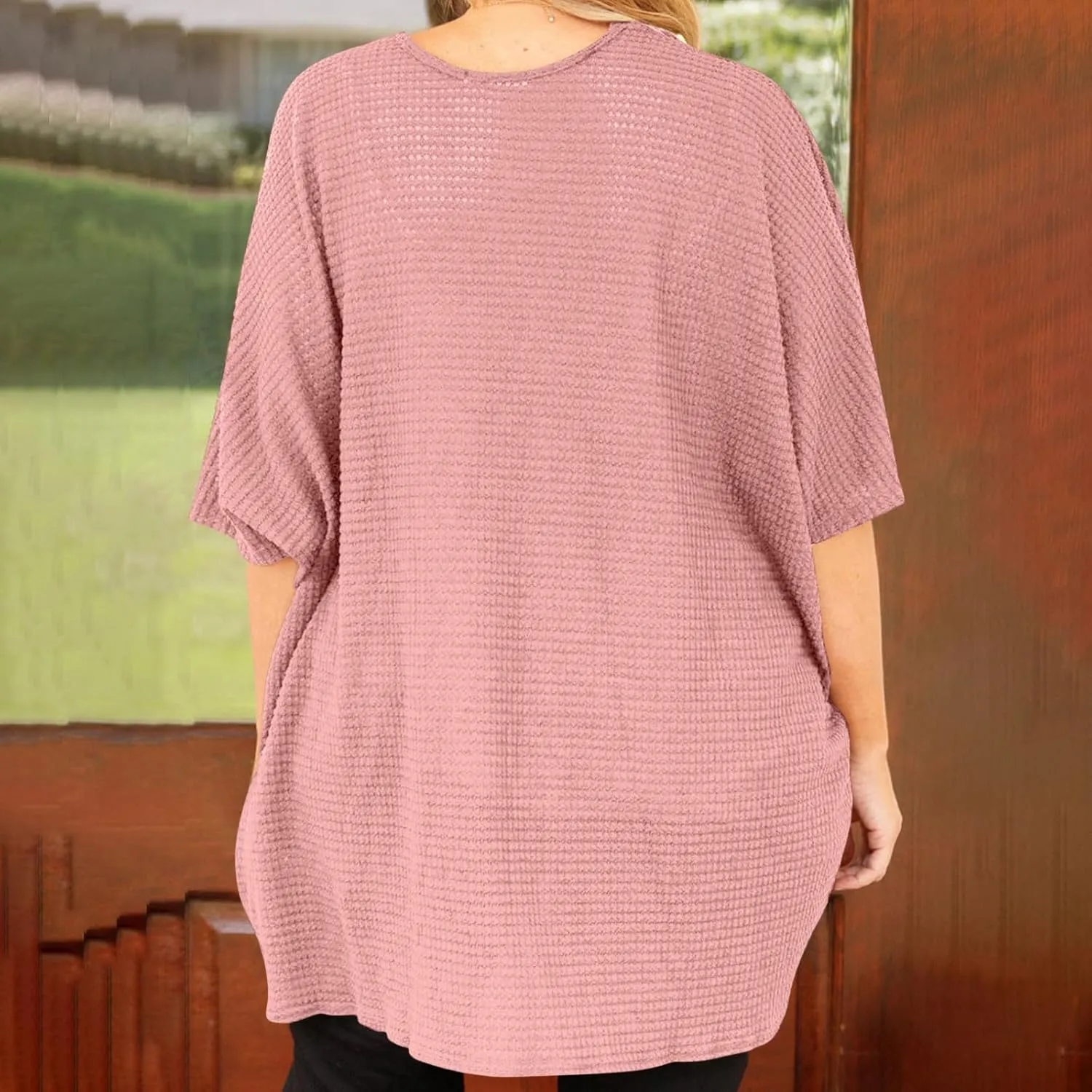 HGps8w Women's Waffle Cardigan Open Front Plus Size Summer Sun Shirts Loose Solid Short Sleeve Going Out Jacket Tops