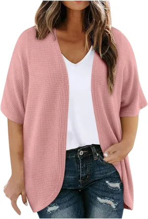 HGps8w Women's Waffle Cardigan Open Front Plus Size Summer Sun Shirts Loose Solid Short Sleeve Going Out Jacket Tops