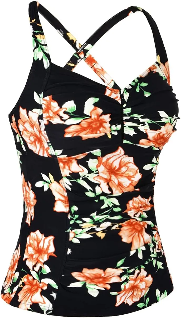 Hilor Women's Tankini Tops Shirred Tummy Control Swimsuits Cross Back Tankini Swimwear Tops