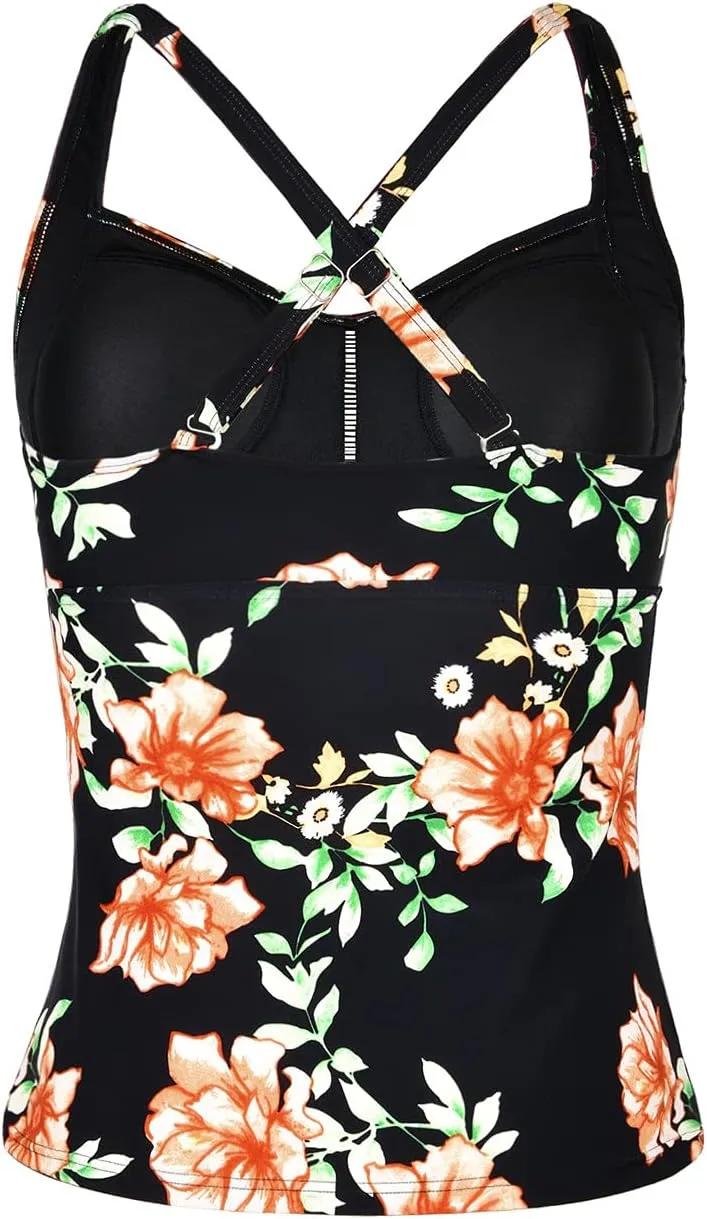 Hilor Women's Tankini Tops Shirred Tummy Control Swimsuits Cross Back Tankini Swimwear Tops