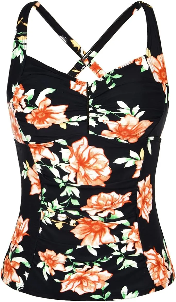 Hilor Women's Tankini Tops Shirred Tummy Control Swimsuits Cross Back Tankini Swimwear Tops