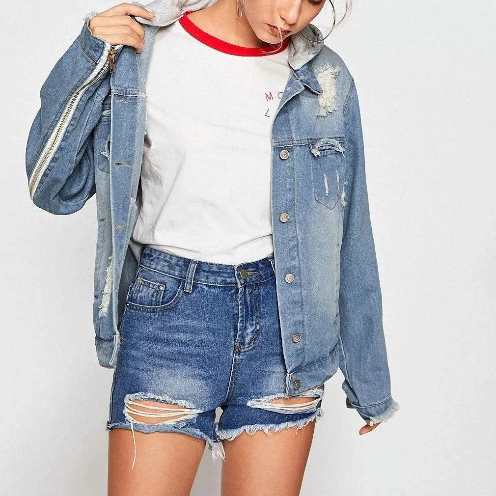 Hiuwa Blue Embroidery Wing Back Denim Jacket Coat Women Ripped Hollow Out Zipper Up Long Sleeve Autumn Cotton Jacket