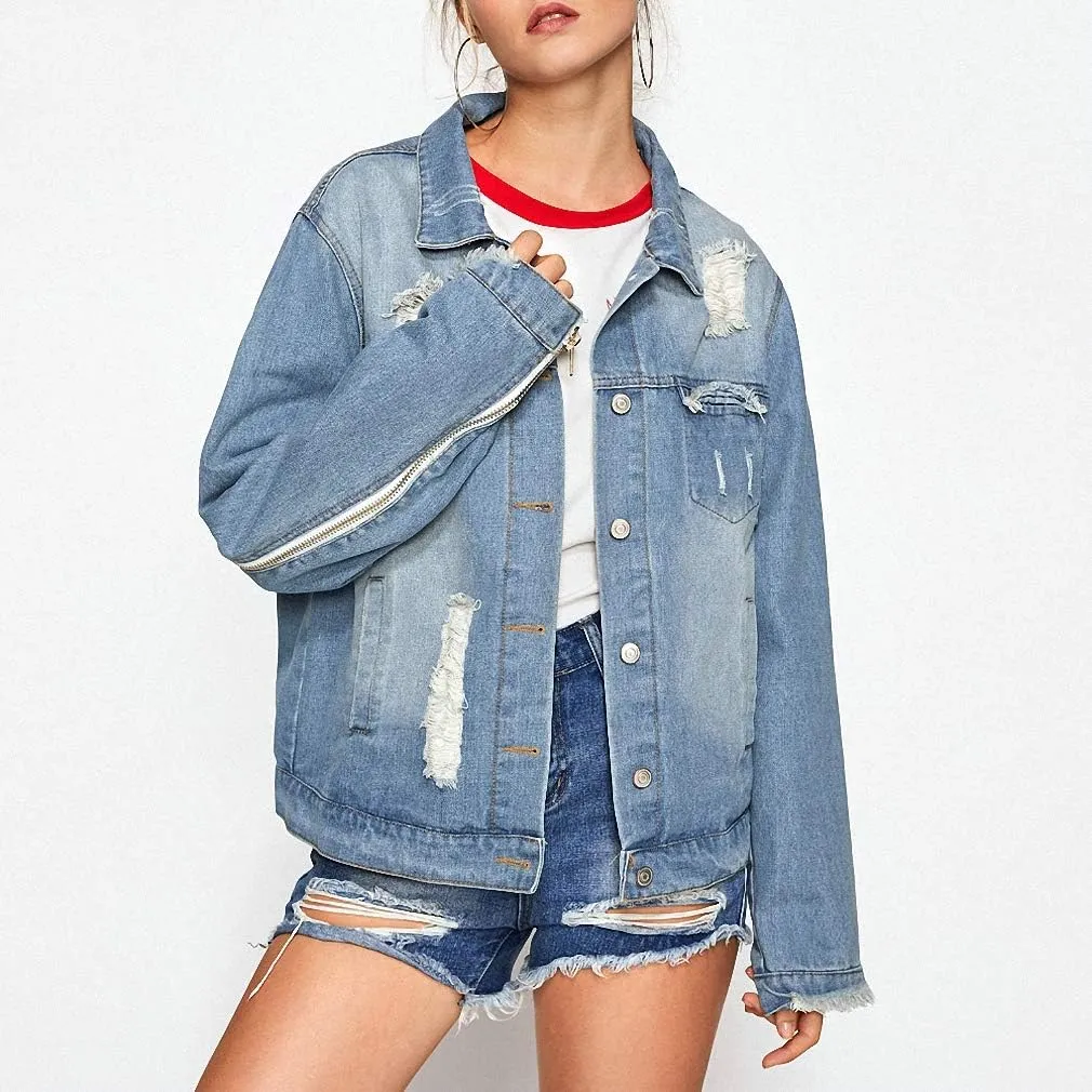 Hiuwa Blue Embroidery Wing Back Denim Jacket Coat Women Ripped Hollow Out Zipper Up Long Sleeve Autumn Cotton Jacket