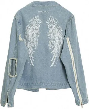 Hiuwa Blue Embroidery Wing Back Denim Jacket Coat Women Ripped Hollow Out Zipper Up Long Sleeve Autumn Cotton Jacket