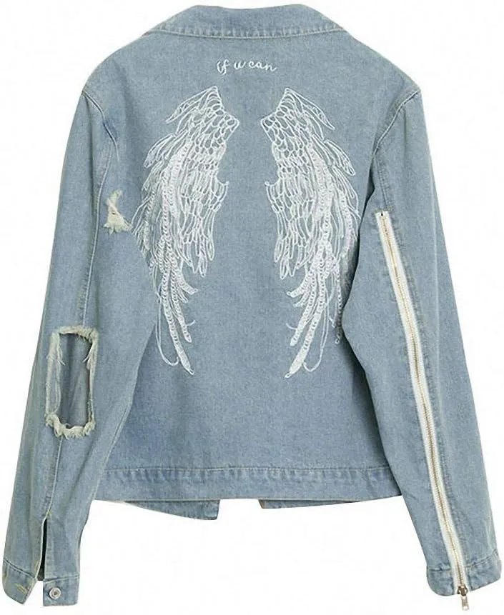 Hiuwa Blue Embroidery Wing Back Denim Jacket Coat Women Ripped Hollow Out Zipper Up Long Sleeve Autumn Cotton Jacket
