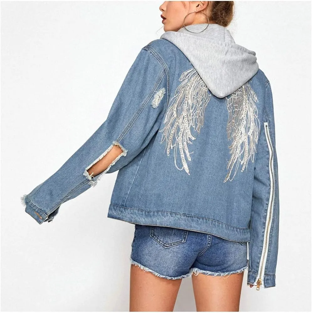 Hiuwa Blue Embroidery Wing Back Denim Jacket Coat Women Ripped Hollow Out Zipper Up Long Sleeve Autumn Cotton Jacket
