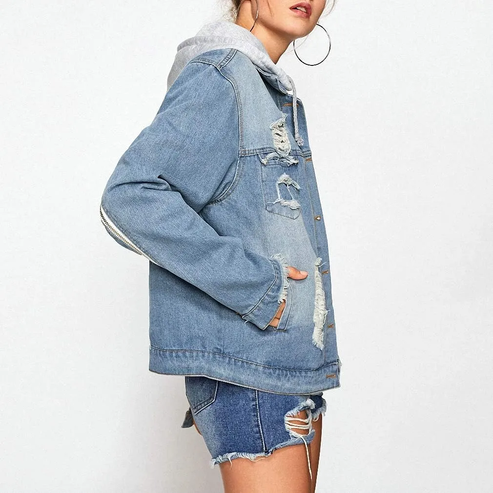 Hiuwa Blue Embroidery Wing Back Denim Jacket Coat Women Ripped Hollow Out Zipper Up Long Sleeve Autumn Cotton Jacket