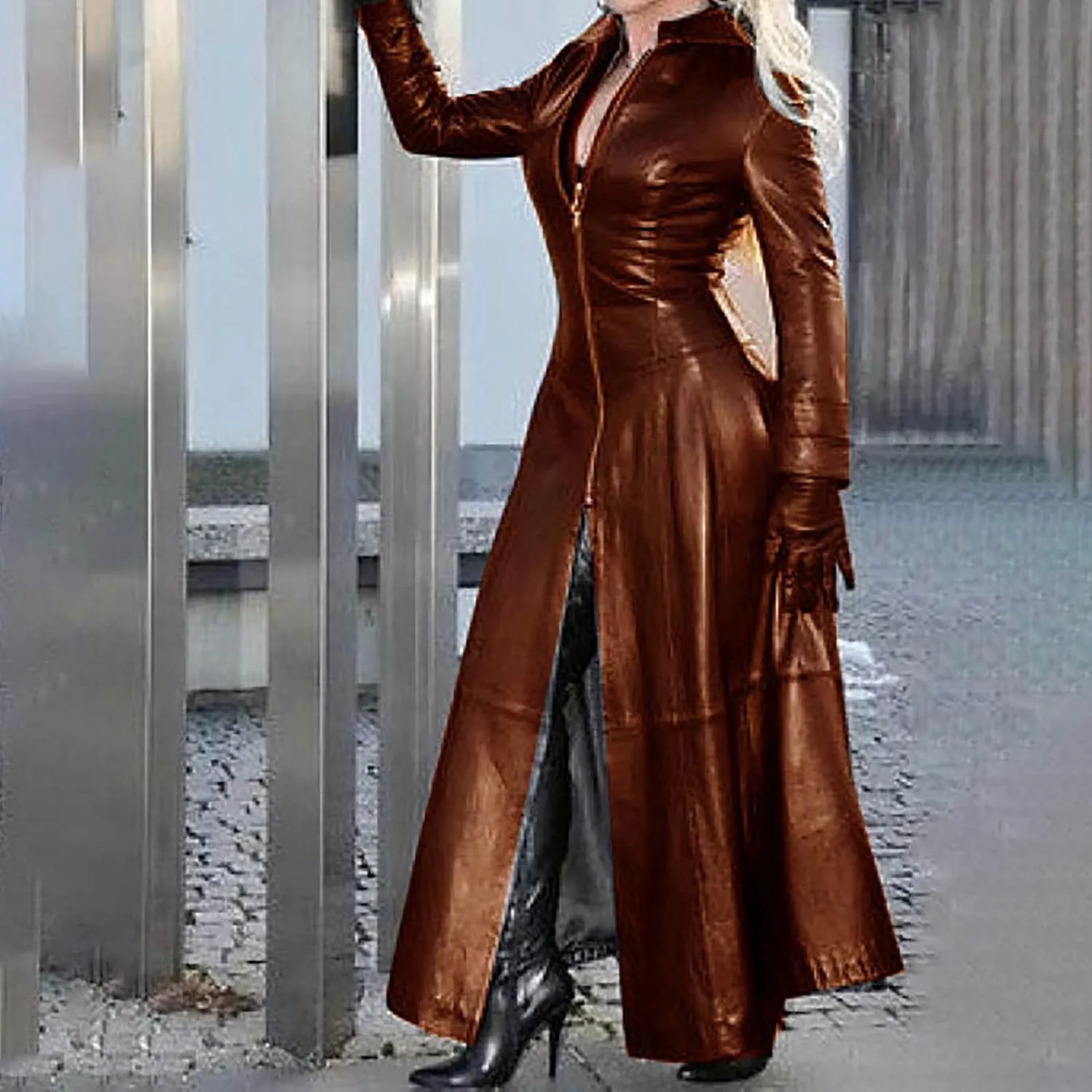 Howley Womens Sexy Faux Leather Jacket Solid Color Long Windbreaker Coat Trendy Full Sleeve Zip Up Trench Outerwear