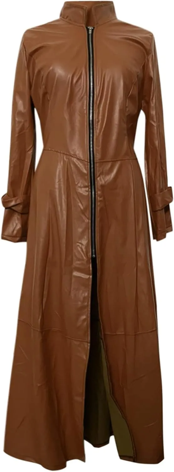 Howley Womens Sexy Faux Leather Jacket Solid Color Long Windbreaker Coat Trendy Full Sleeve Zip Up Trench Outerwear