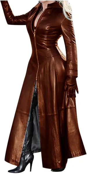 Howley Womens Sexy Faux Leather Jacket Solid Color Long Windbreaker Coat Trendy Full Sleeve Zip Up Trench Outerwear
