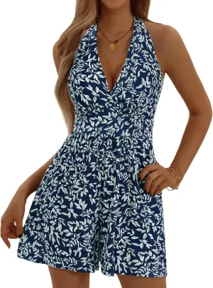 HUHOT Rompers for Women Casual Halter V Neck Backless Summer Sexy Beach Dressy 2025 Short Romper Dresses with Pockets
